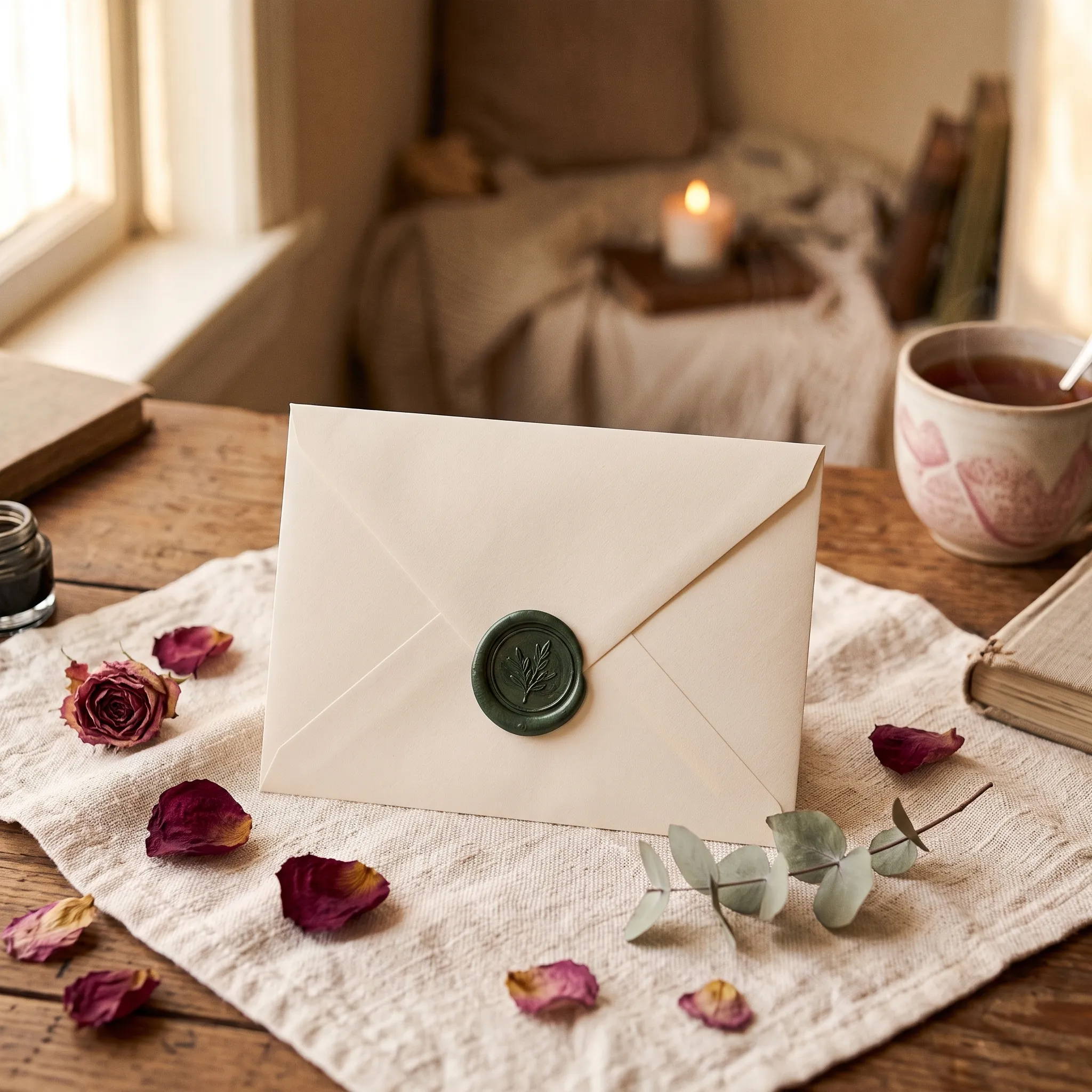 A sealed cream envelope for a letter to your future self, with a sage wax seal and dried eucalyptus